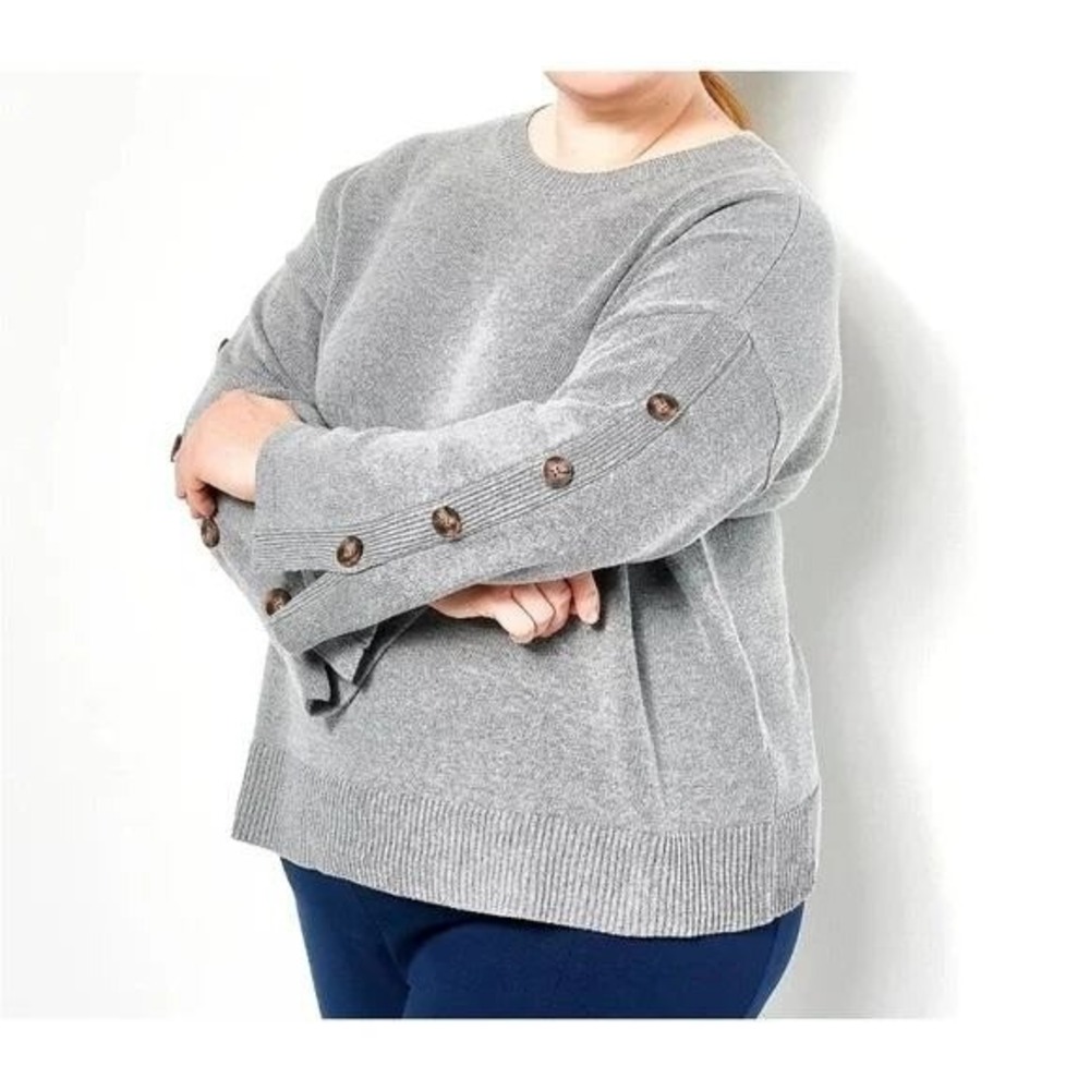 Jason Wu Long Sleeve Oversized Gray Knit Sweater Button Sleeve Minimalist Size L